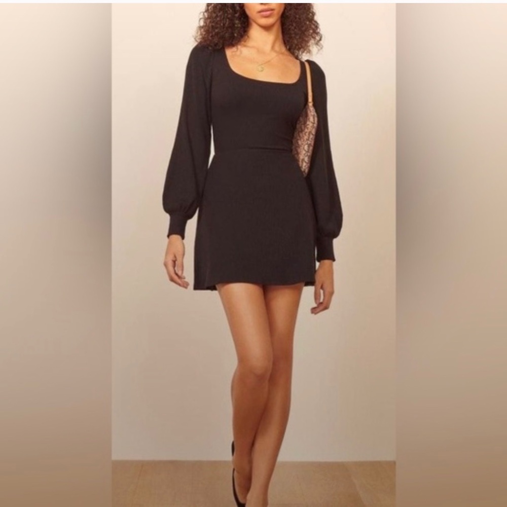 Reformation Jeans Linah Black Mini Dress Black Puff Shoulders - Size XL
